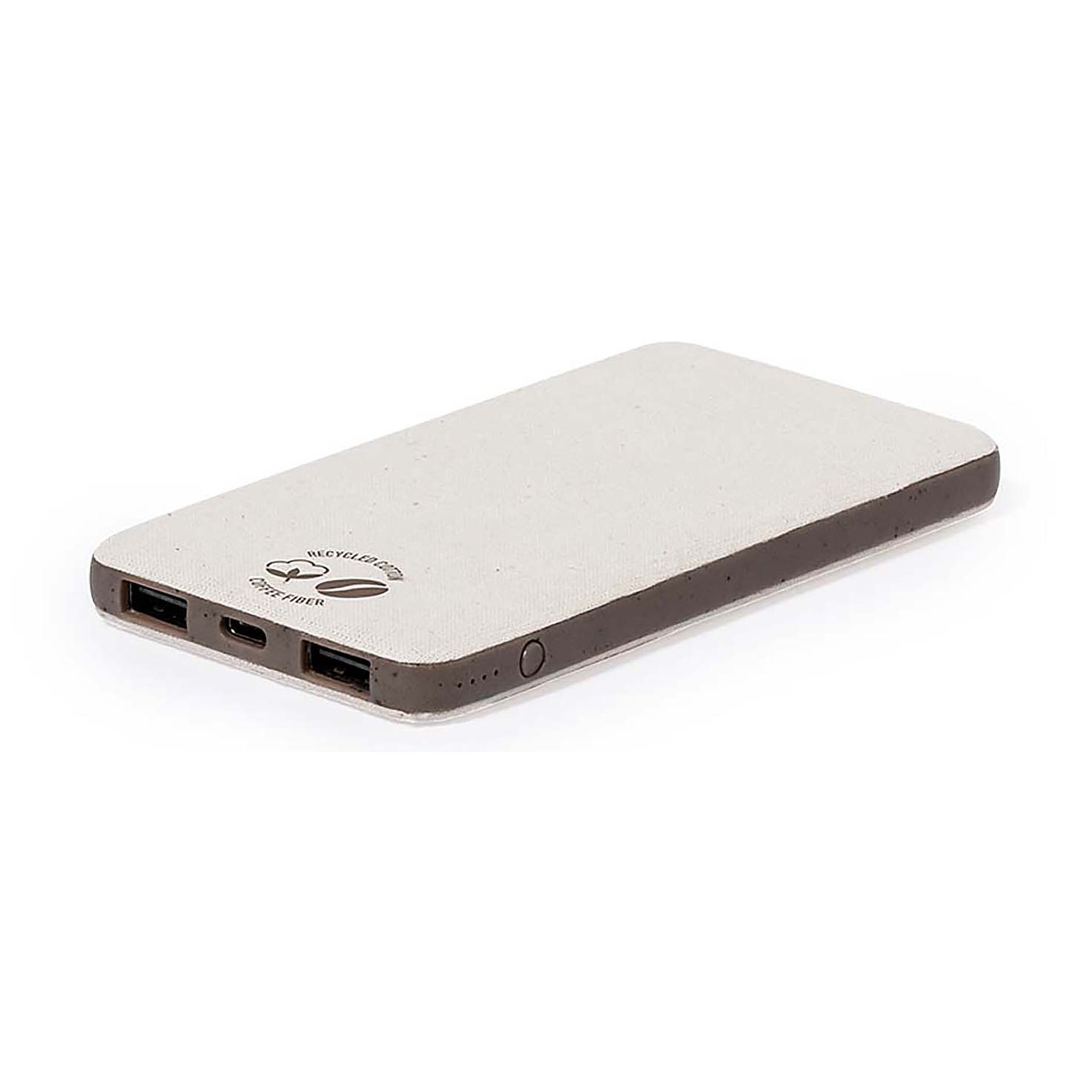 Power Bank natura marrone/fibra di cotone 5000 mAh. 2 uscite USB e 1 ingresso di tipo C. Micro USB e ingresso di tipo C