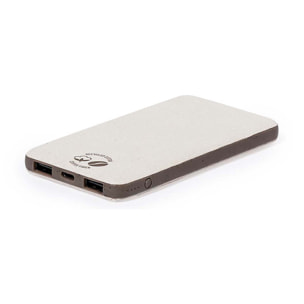 Power Bank natura marrone/fibra di cotone 5000 mAh. 2 uscite USB e 1 ingresso di tipo C. Micro USB e ingresso di tipo C