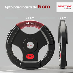 Discos Pesas Olímpicas, Agujero Ø50 mm, 2 Discos de Pesas 15 kg con Anillo Interior de Acero y Triple Agarre, para Mancuernas y Barras, Entrenamiento Fitness en Casa, Gimnasio, Negro