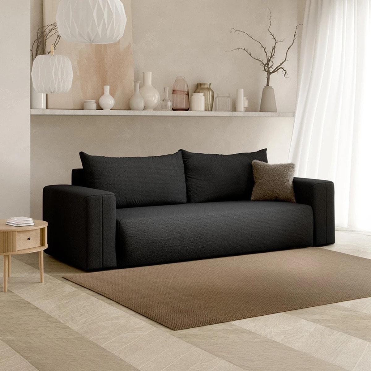 NALA - Canapé droit convertible droit 3 places en tissu gris foncé