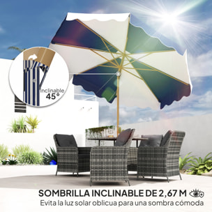 Sombrilla Terraza Exterior Ø267 cm Sombrilla de Jardín con Ángulo Inclinable y Manivela Protección UV 50+ Parasol para Patio Terraza Azul y Blanco
