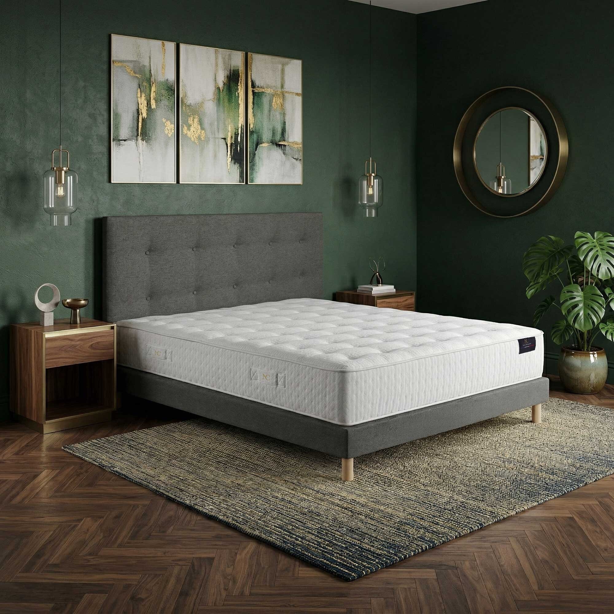 Ensemble matelas ressorts ensachés SÉLÉNÉ 2, accueil latex, H26 cm, sommier et tête de lit gris foncé