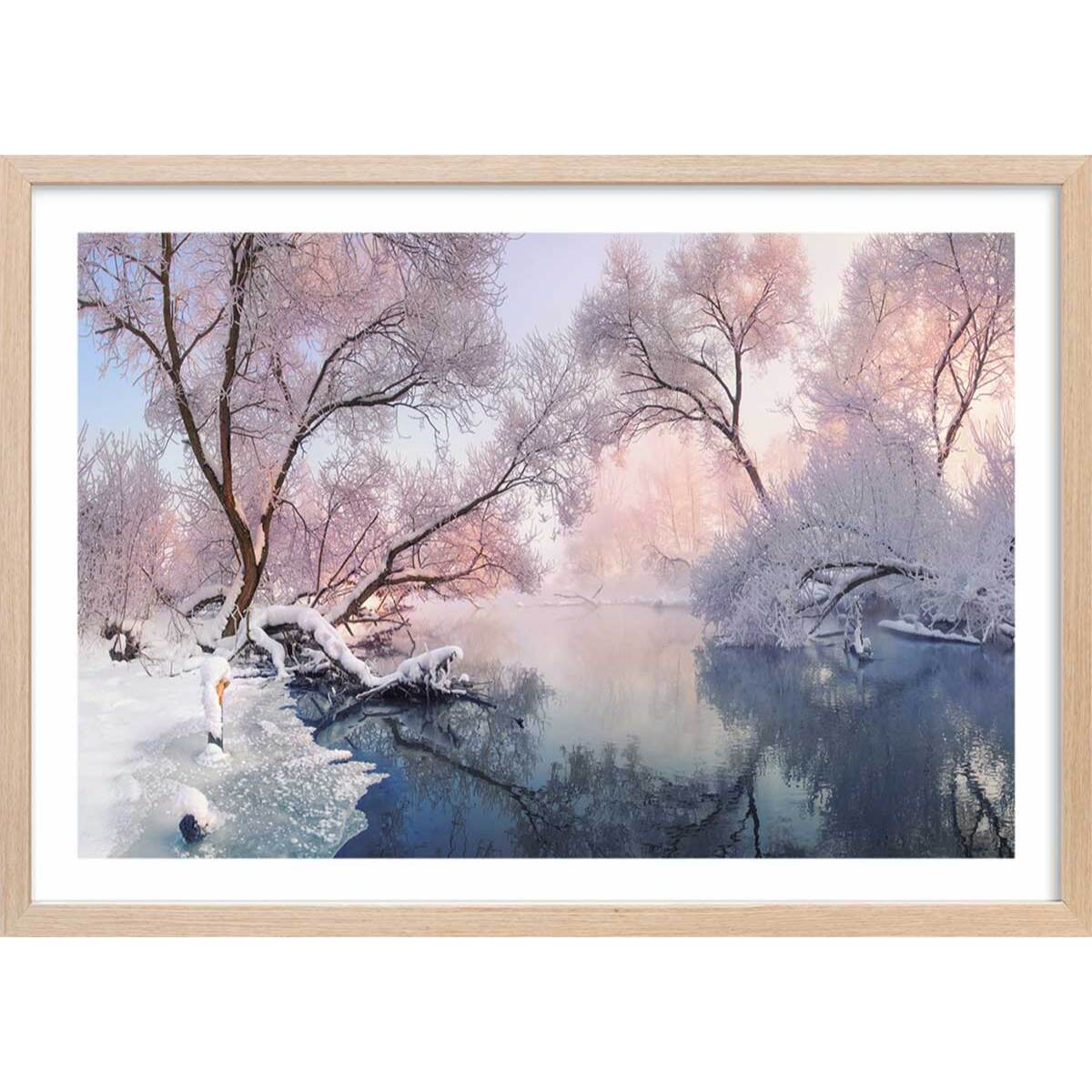 Affiche paysage Chrismas lac Affiche + cadre en bois - Chêne