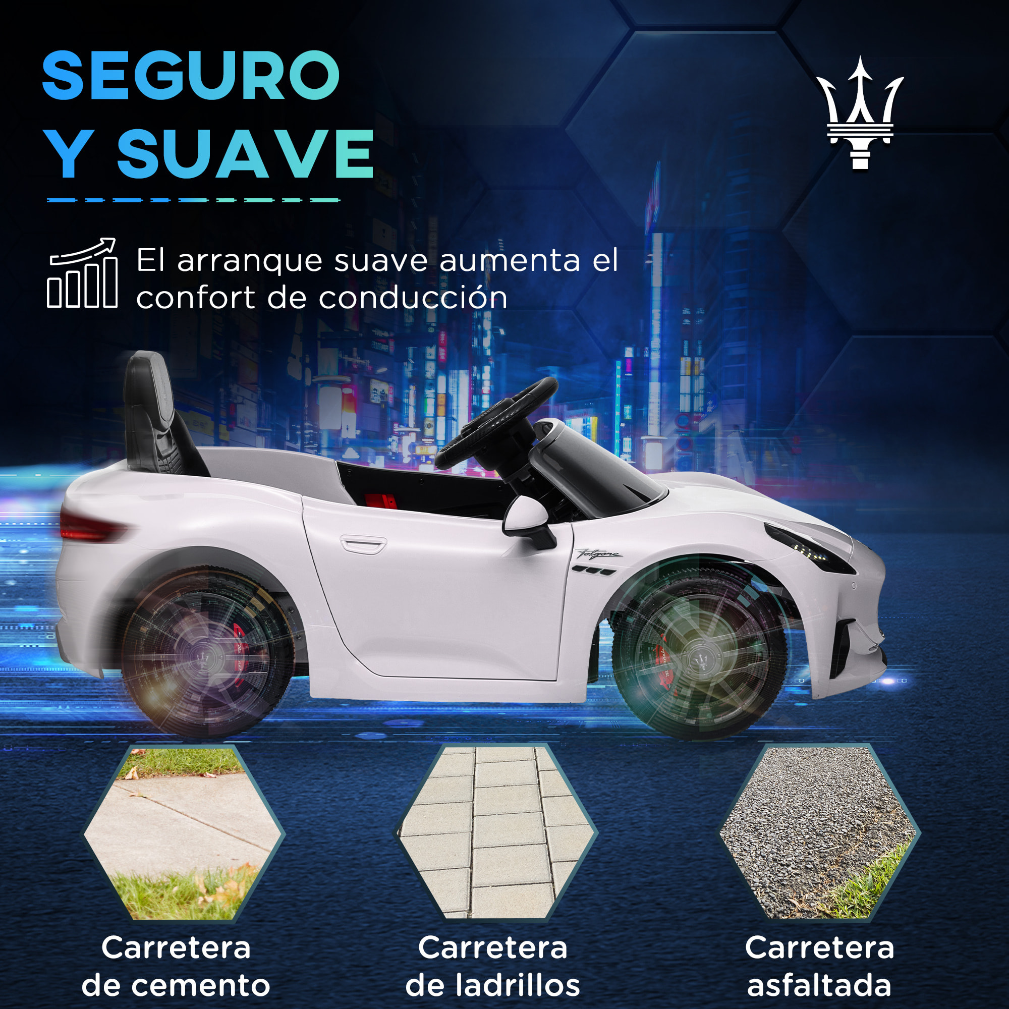 Coche Eléctrico para Niños de +3 Años Maserati Gran Turismo Folgore Coche Eléctrico con Batería 12V Mando a Distancia Faros Bocina y Música MP3 Blanco