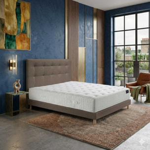Ensemble matelas mousse haute résilience CALLISTO, H29 cm, accueil mémoire de forme, sommier et tête de lit taupe