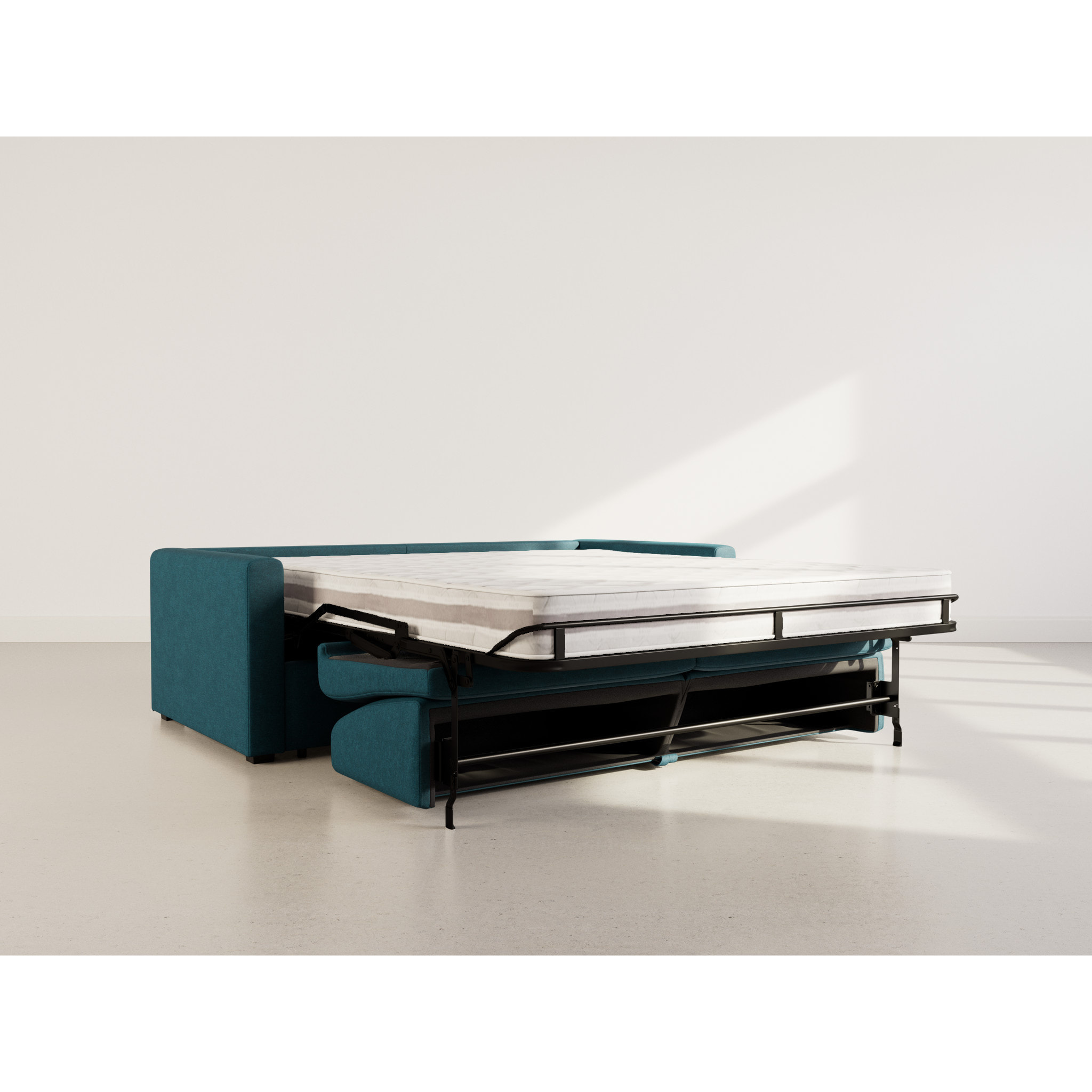 Julia - canapé lit 3 places convertible express couchage quotidien 140 cm matelas 18 cm en tissu - Bleu