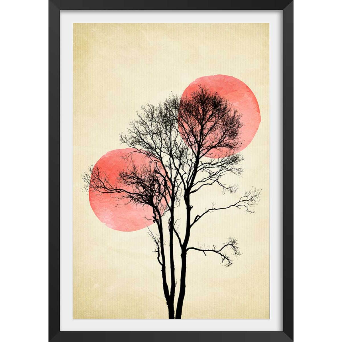 Affiche paysage Lune et soleil d'hiver Affiche + cadre en bois - Noir