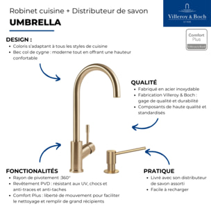 Robinet cuisine Umbrella + Distributeur de savon Or mat