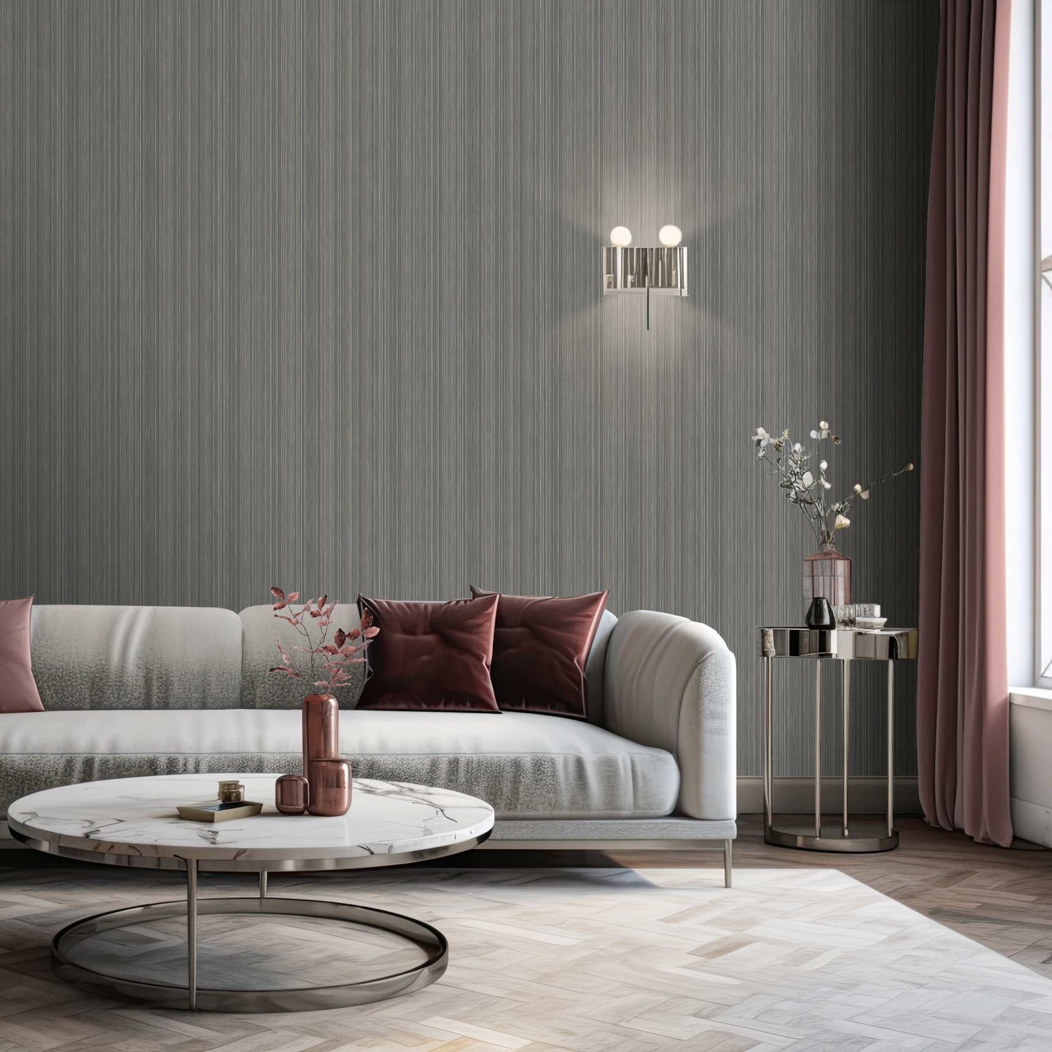 Papier peint rayures fines tissées gris argenté