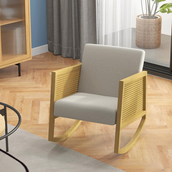Fauteuil lounge à bascule style bohème chic - accoudoirs structure bois hévéa rotin - tissu toucher lin gris clair