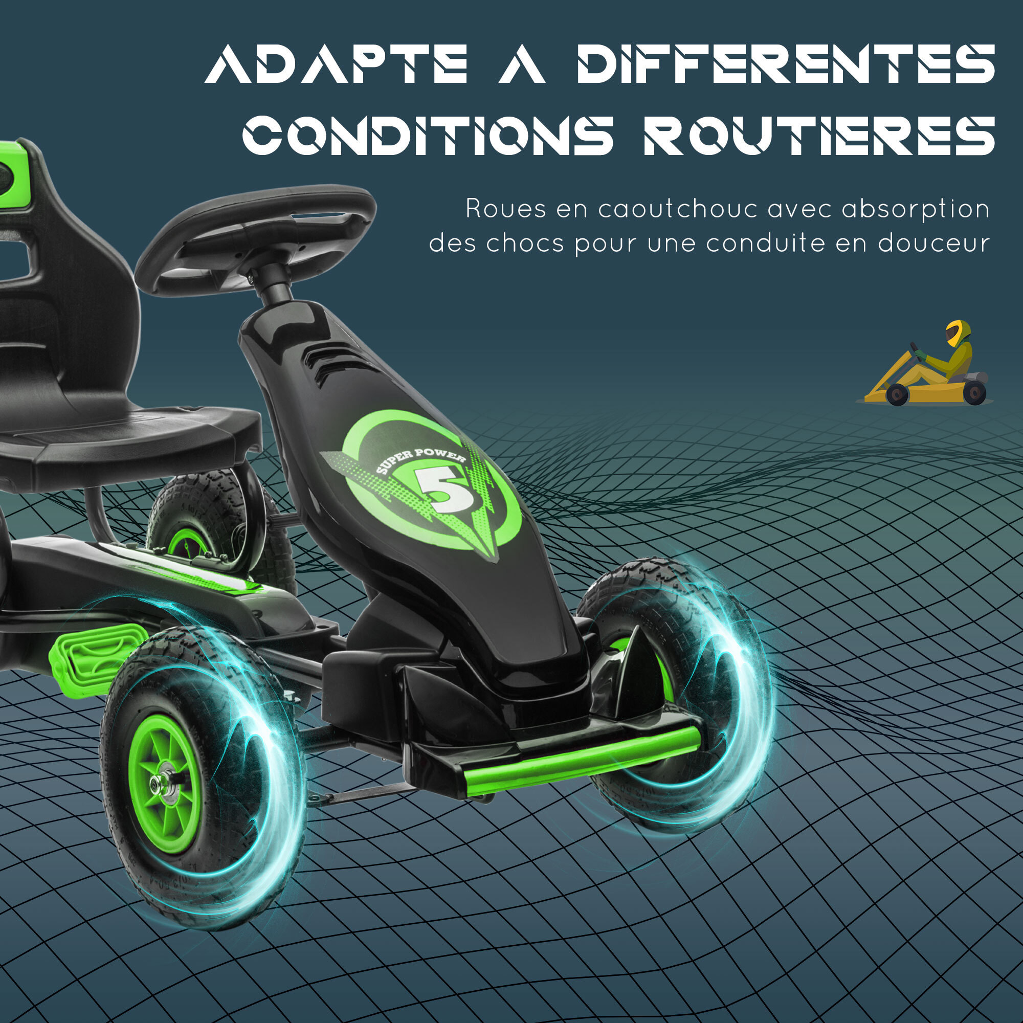 Kart à pédales enfant Go kart Formule 1 Racing Super Power 5 aileron avant pneus gonflables caoutchouc noir vert