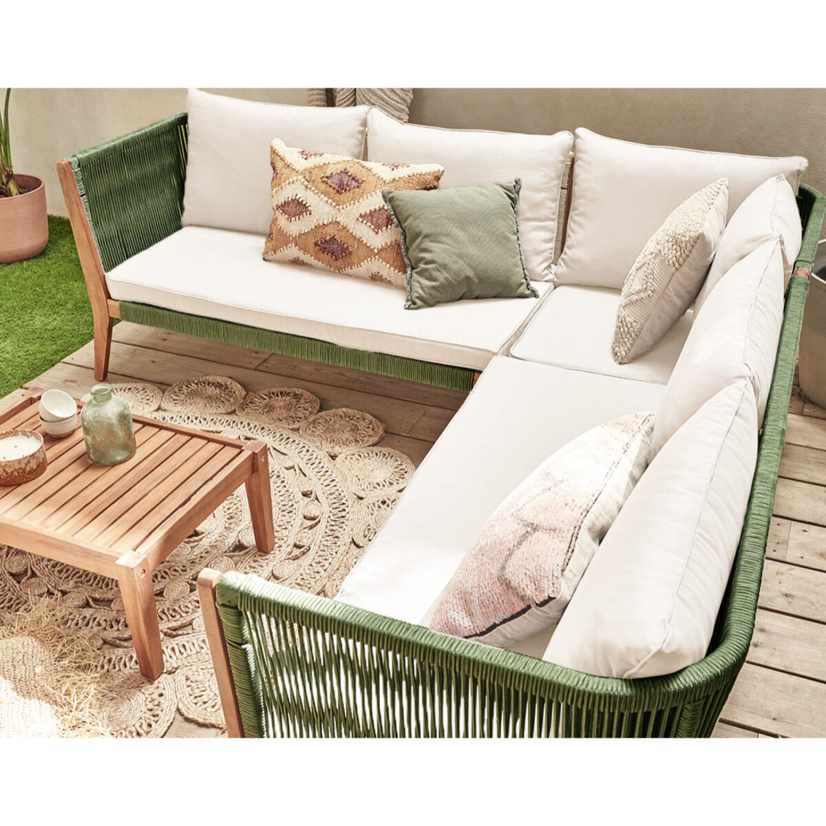 Papua - salon de jardin en bois et corde kaki - 5 places - coussins beige - Bois / Beige