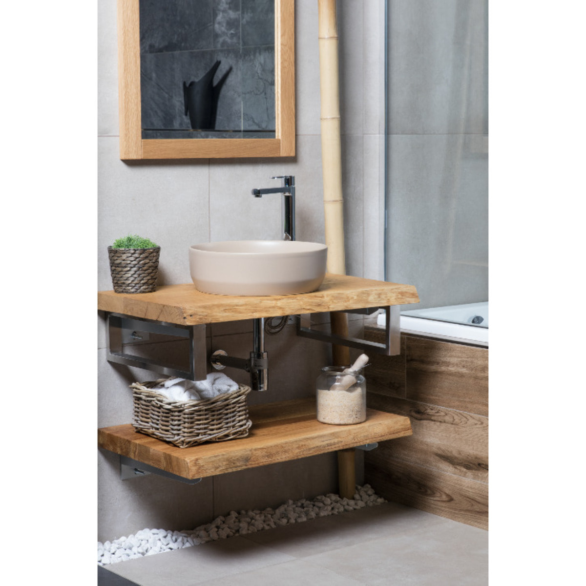 Set vasque à poser 39x39x12cm sans trop-plein + bonde à écoulement libre Infinitio marron mat