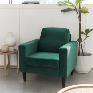 Fauteuil scandinave en velours vert anglais - Bjorn - Canapé 1 place fixe droit pieds bois d'hévéa effet bois de noyer