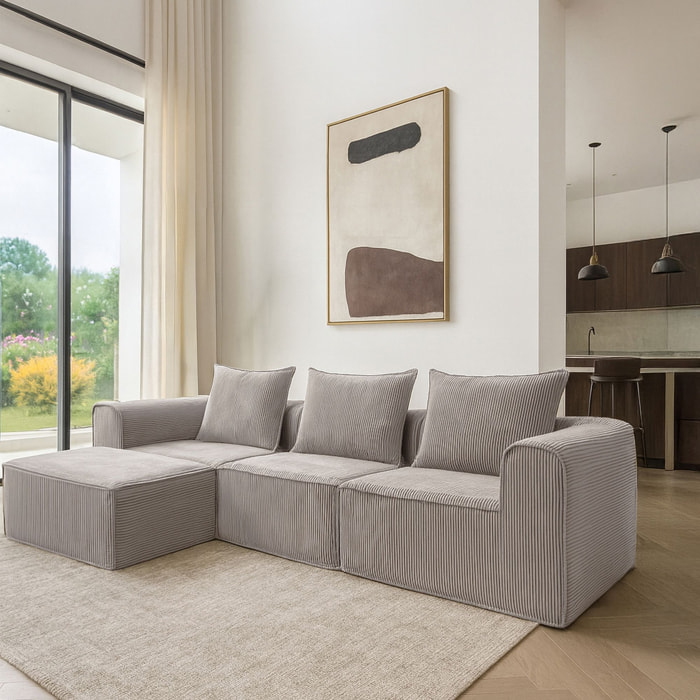 Canapé d'angle en velours cotelé taupe 4 places COCOON