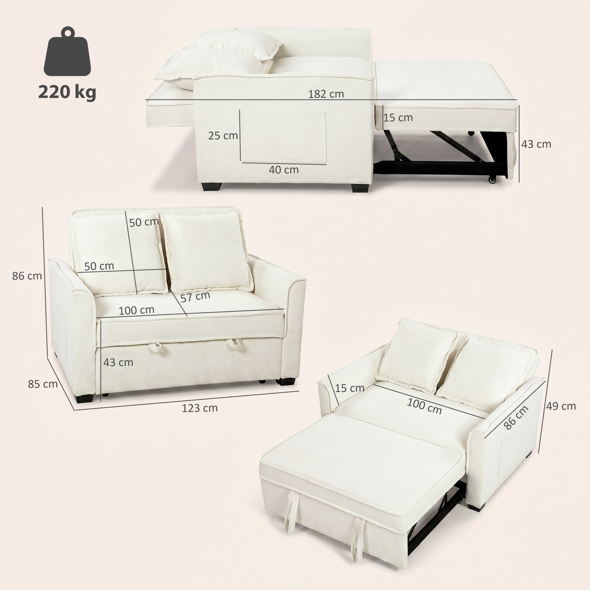 Sofá Cama 2 Plazas 3 en 1, Sofá Cama de Tejido Rizo con Respaldo Ajustable 3 Niveles, Bolsillos Laterales, 2 Almohadas con Fundas Extraíbles para Sala de Estar, Espacios Pequeños, Blanco Crema