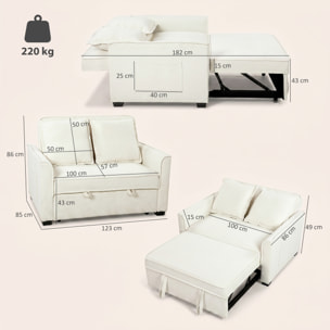 Sofá Cama 2 Plazas 3 en 1, Sofá Cama de Tejido Rizo con Respaldo Ajustable 3 Niveles, Bolsillos Laterales, 2 Almohadas con Fundas Extraíbles para Sala de Estar, Espacios Pequeños, Blanco Crema