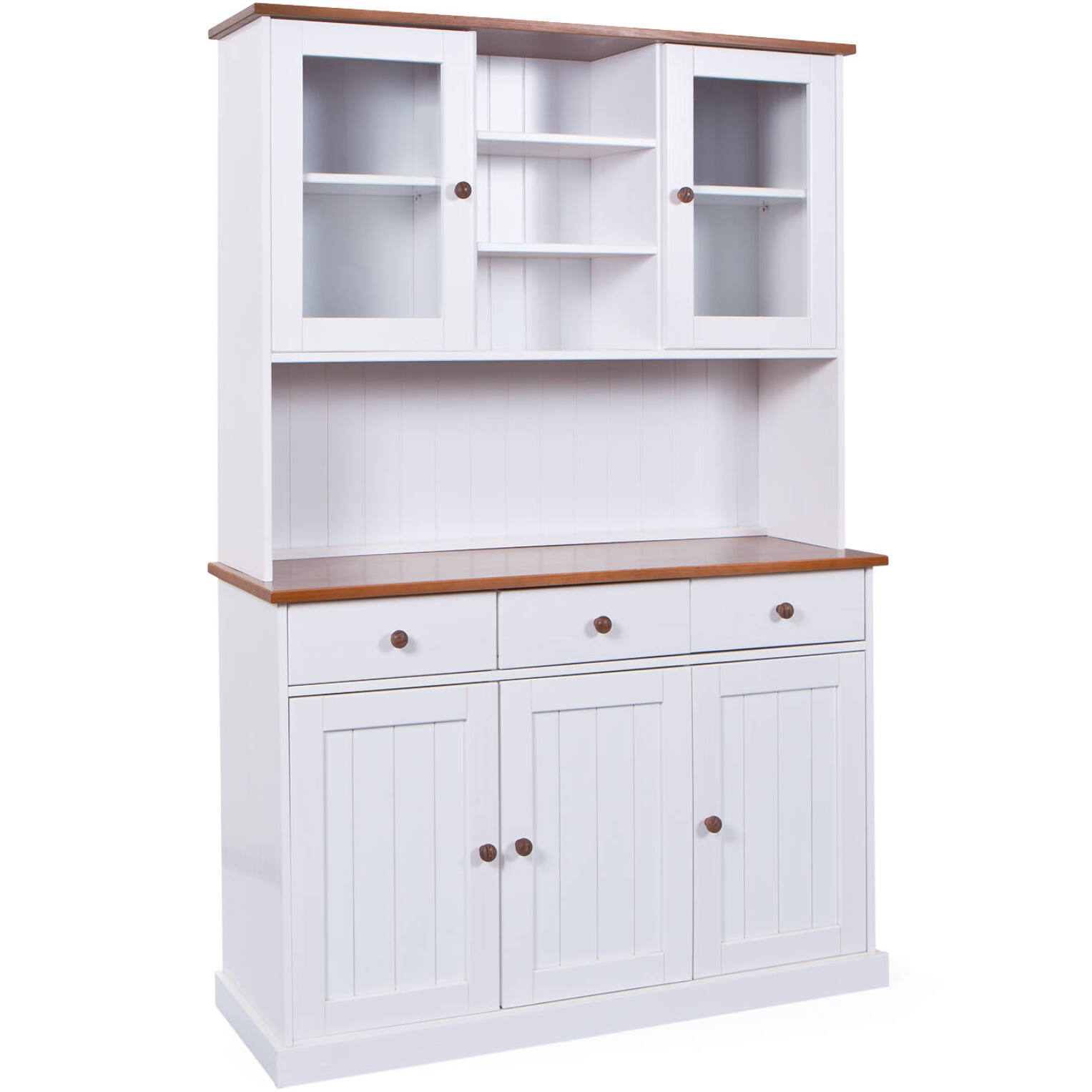 Credenza a tre ante e tre cassetti con vetrinetta superiore, colore bianco con dettagli marrone, cm 131 x 181 x 45