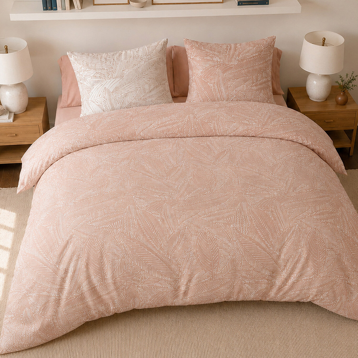 Parure housse de couette 100% percale de coton motif feuilles tropical rose - AMBRE