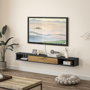 Meuble TV design suspendu - meuble TV mural - 2 niches, porte abbatante - dim. 160 x 24 x 16 cm - gris charbon effet bois