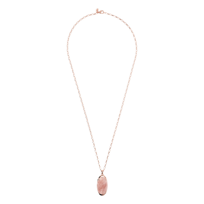 Collana Lunga Catena Rolo con Pendente in Pietra Naturale Ovale Quarzo Rosa