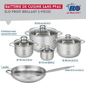 Ensemble de 1 Poêle de cuisson 32 cm et 4 faitouts 12, 16, 20 et 24 cm Elo Profi Brillant