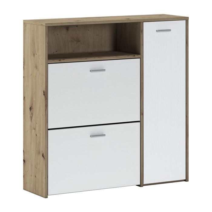Mobile da ingresso Scultore, Entratina appendiabiti, Composizione per atrio, Consolle portaoggetti multifunzione, 92x27h94 cm, Rovere e Bianco