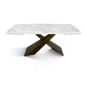 Tavolo FIGARI in vetroceramica bianco arabesco con gambe a X in metallo bronzo, allungabile 180x90 cm - 260x90 cm