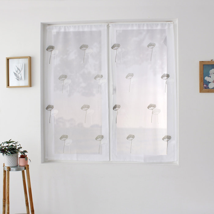 Paire de petits voilages brodés de fleurs - Gris Galet