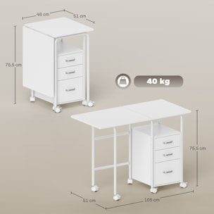 Bureau pliable sur roulettes avec rangement 3 tiroirs dim. totales 105x51x75,5cm métal effet bois blanc