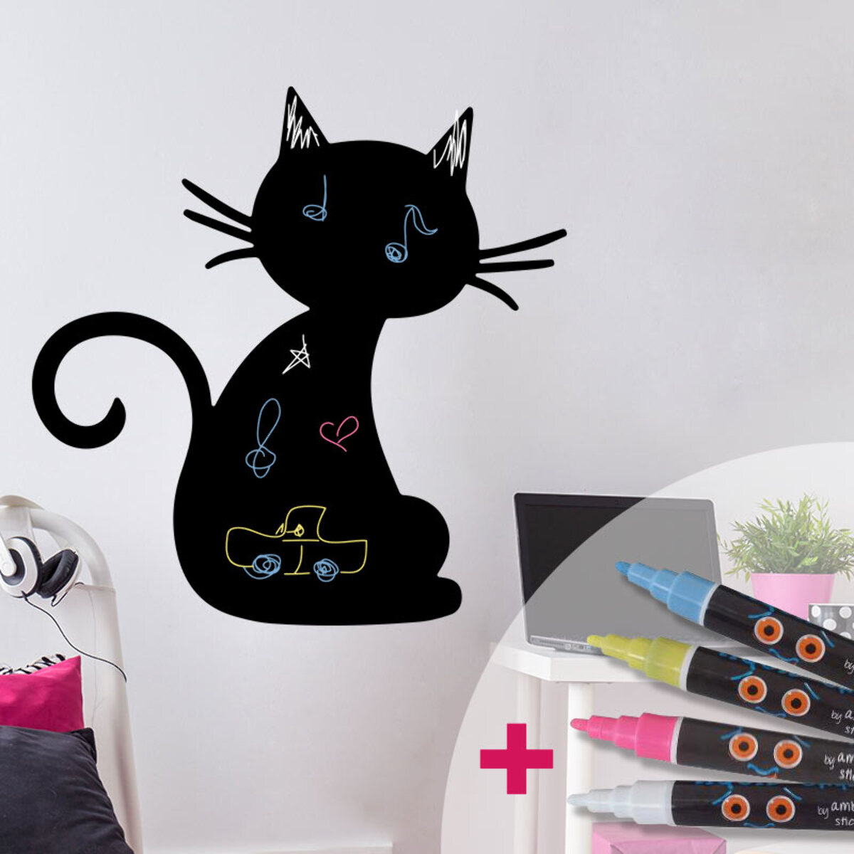 Sticker ardoise tableau noir - stickers muraux adhésif effaçable - CHAT NOIR + 4 CRAIES LIQUIDES