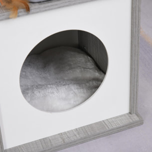 Arbre à chats design contemporain griffoir grattoir sisal naturel centre d'activités niche plateforme jeu boule suspendue gris