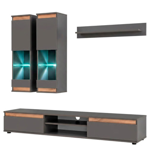 Parete Attrezzata Soggiorno Mobile Tv Vetrine Led Mensola Moderno Living Arredo Contenitore Vani Giorno Resistente 175x 150x 37 Cm Antracite E Rovere