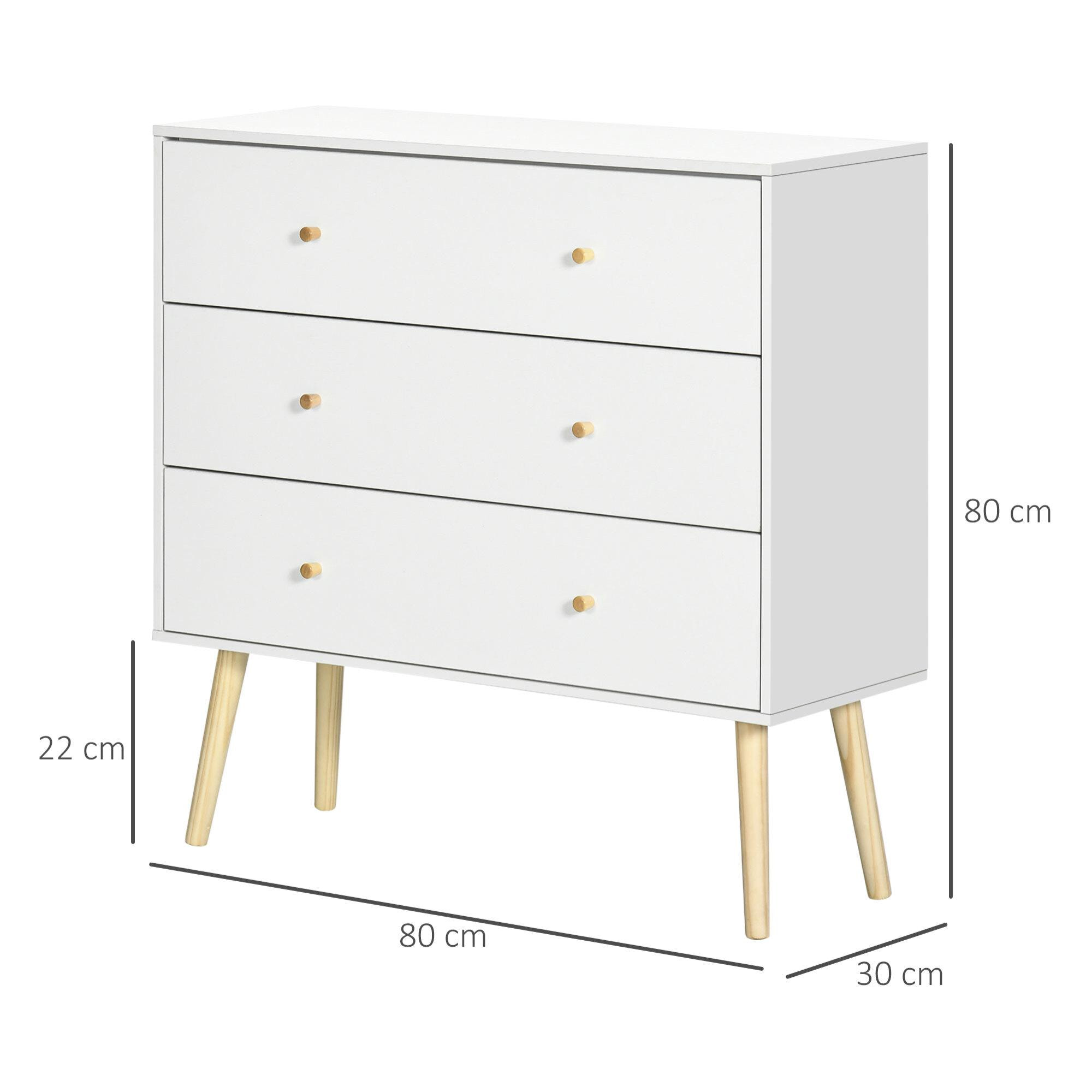 Cómoda con 3 Cajones Cajonera de Dormitorio con Patas de Madera de Pino para Salón Oficina Habitación Carga 70 kg 80x30x80 cm Blanco