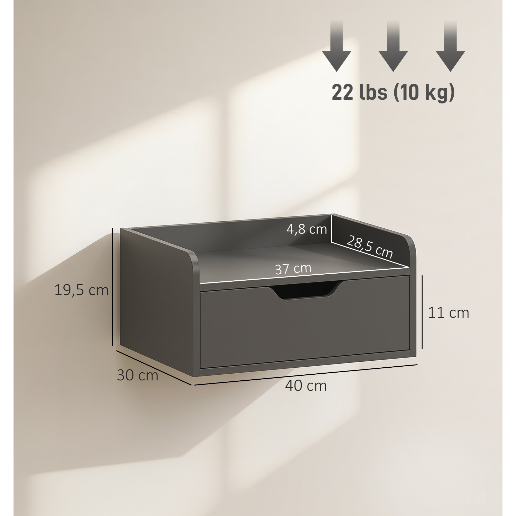 Set de 2 Mesillas de Noche de Pared Mesitas de Noche Flotantes con 1 Cajón para Dormitorio Habitación Hogar Diseño Sencillo 40x30x19,5 cm Negro