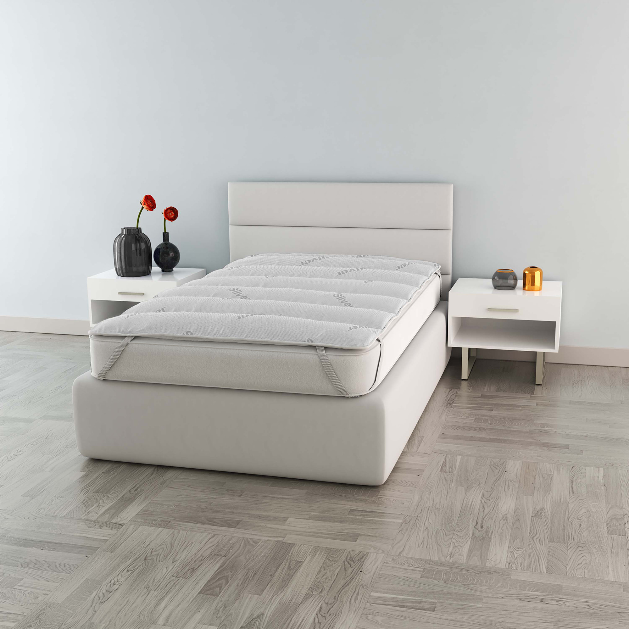 TOPPER TRAPUNTATO CON ELASTICI SILVER- BIANCO, PIAZZA E MEZZA