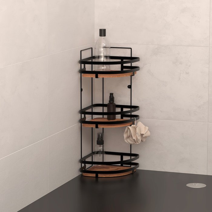 Étagère de douche d'angle "Blackacia" 3 niveaux en acacia