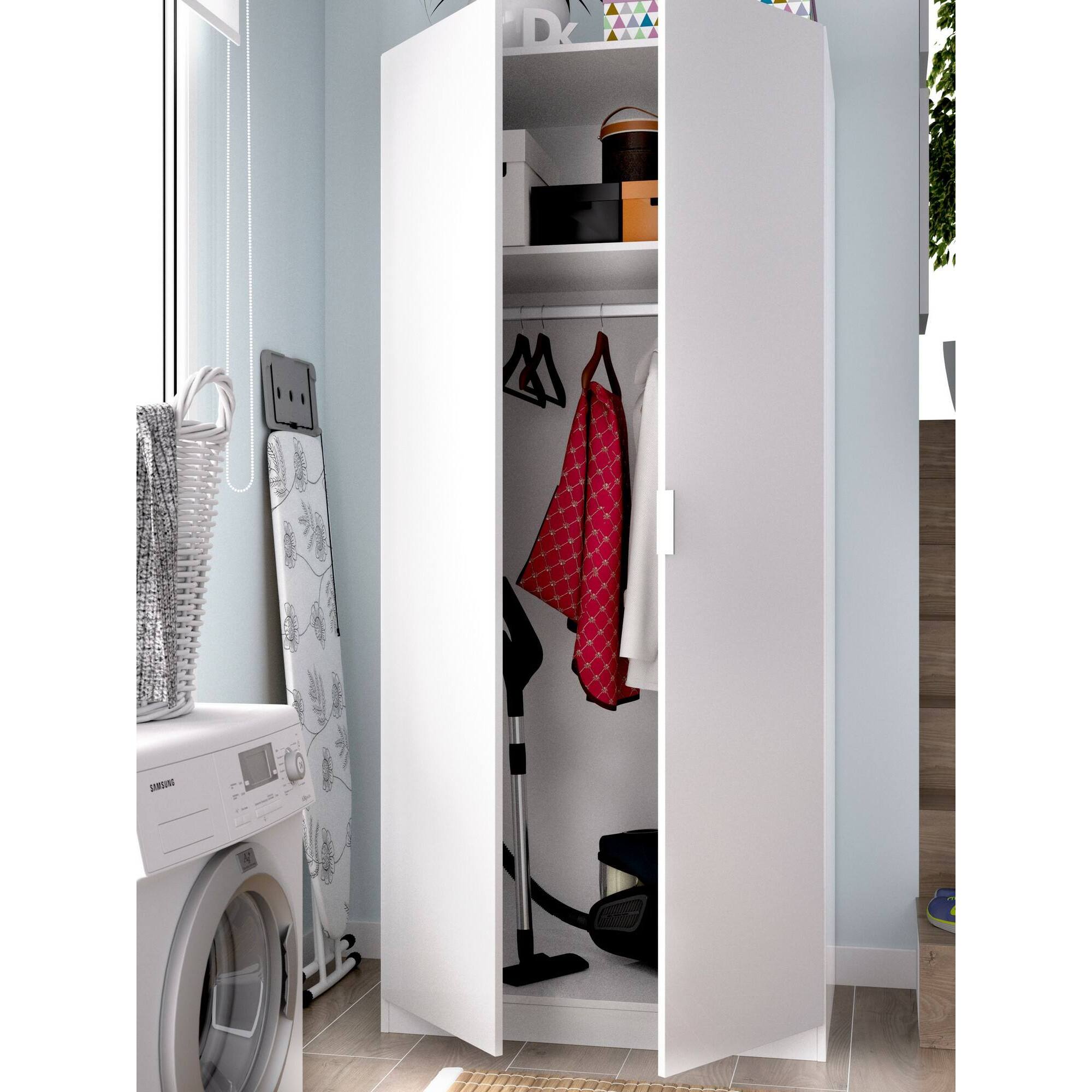 Guardaroba Giovo, Mobile appendiabiti per camera da letto, Armadio a 2 ante battenti, 81x52h184 cm, Bianco