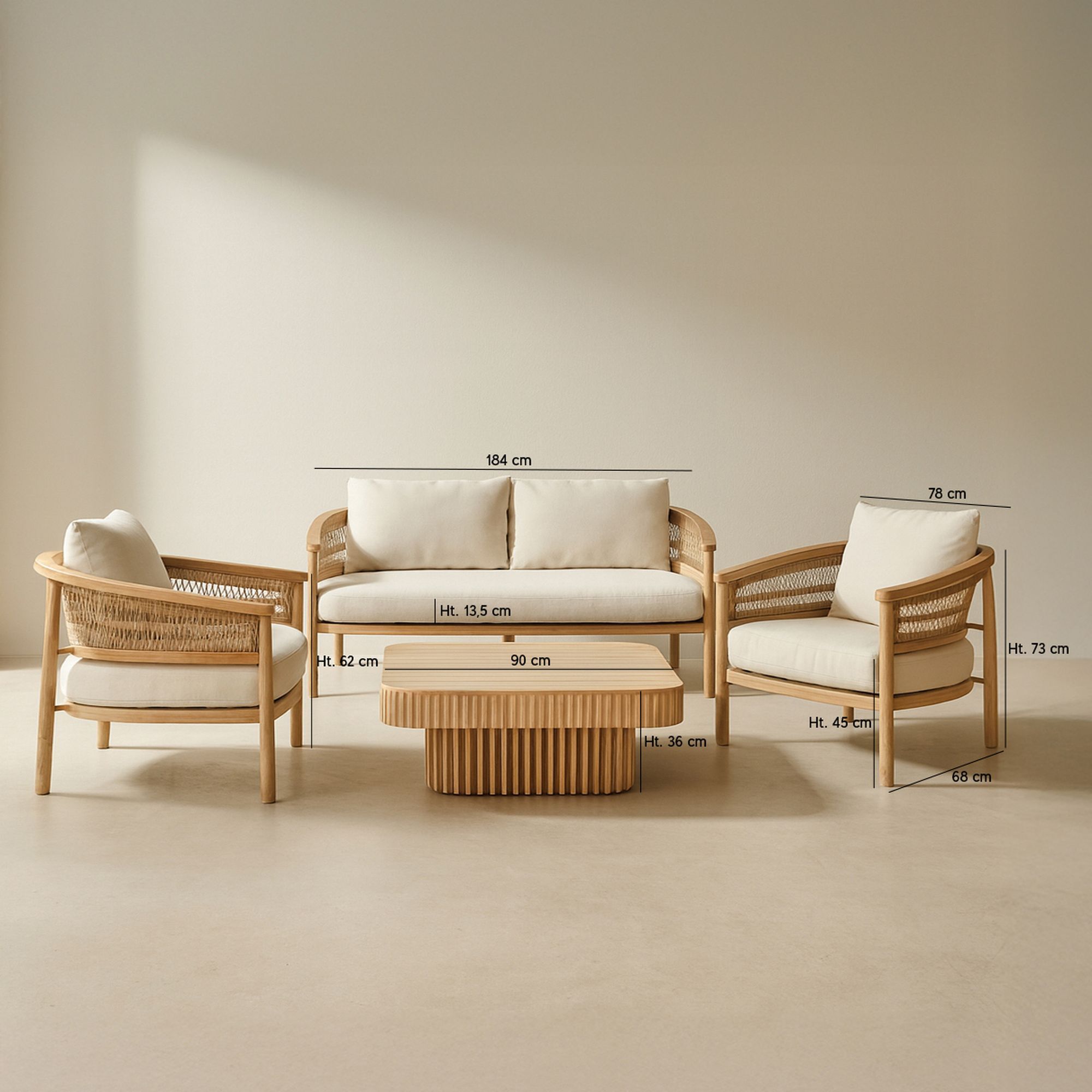 Salon de jardin 4 places en bois d'acacia et corde tressée taupe MAUI