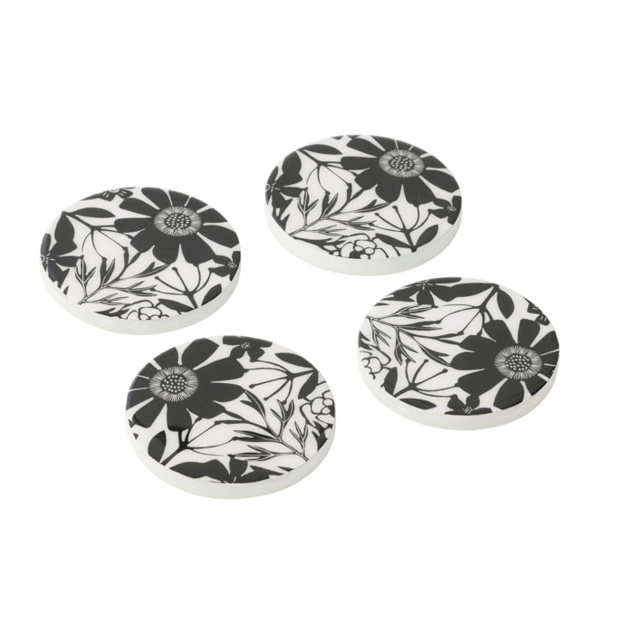J-Line dessous de verre Fleurs - bois - noir/blanc - set de 4