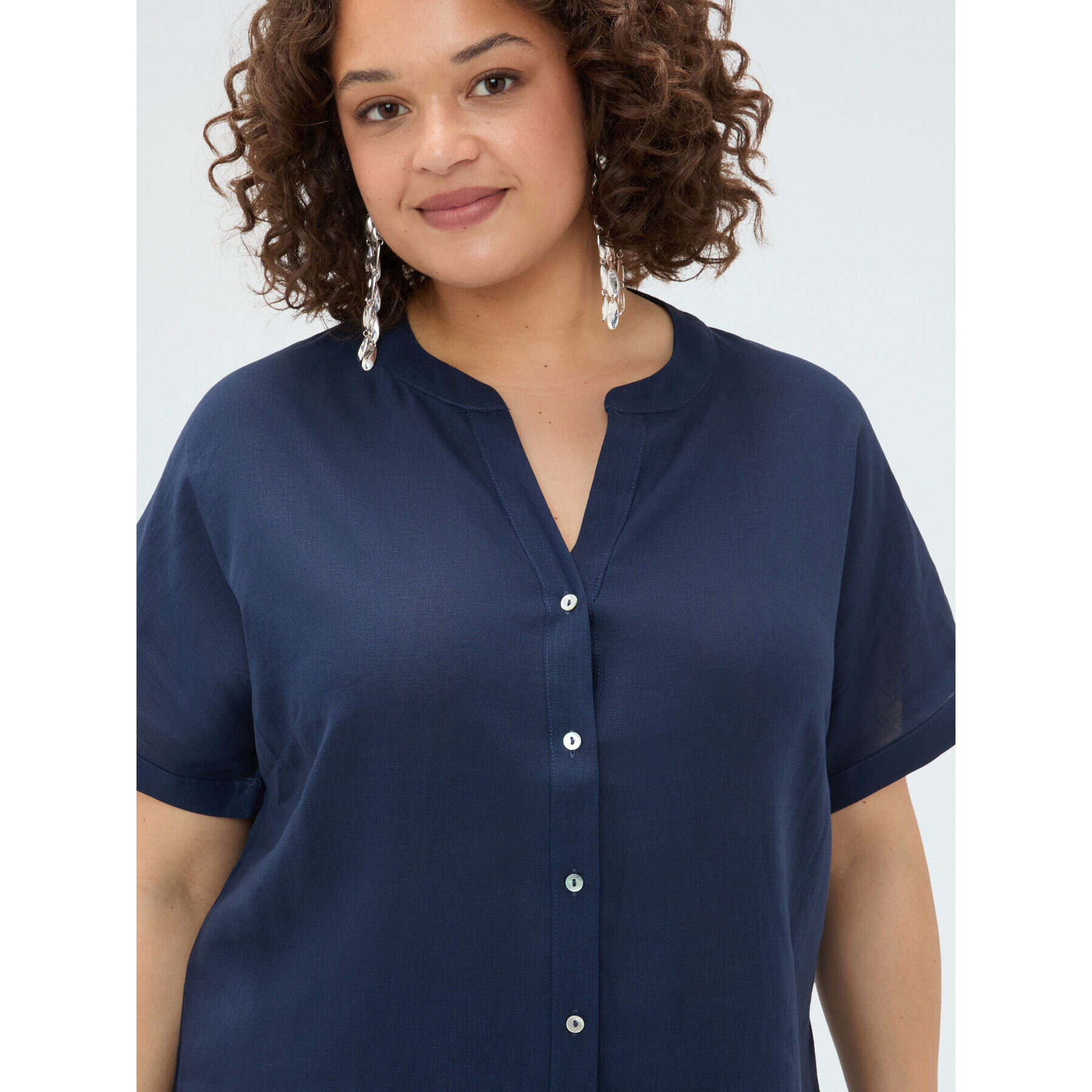 Fiorella Rubino - Camicia collo coreana in misto lino - Blu