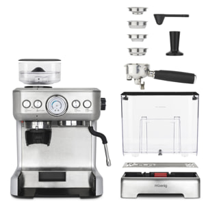 H.Koenig Máquina espresso con triturador EXPRO980, 2,7 L, 250 g, depósito de granos, 15 tamaños de molido, bomba italiana, dosificación personalizable para 1 o 2 tazas, Thermoblock, presión 20 bares