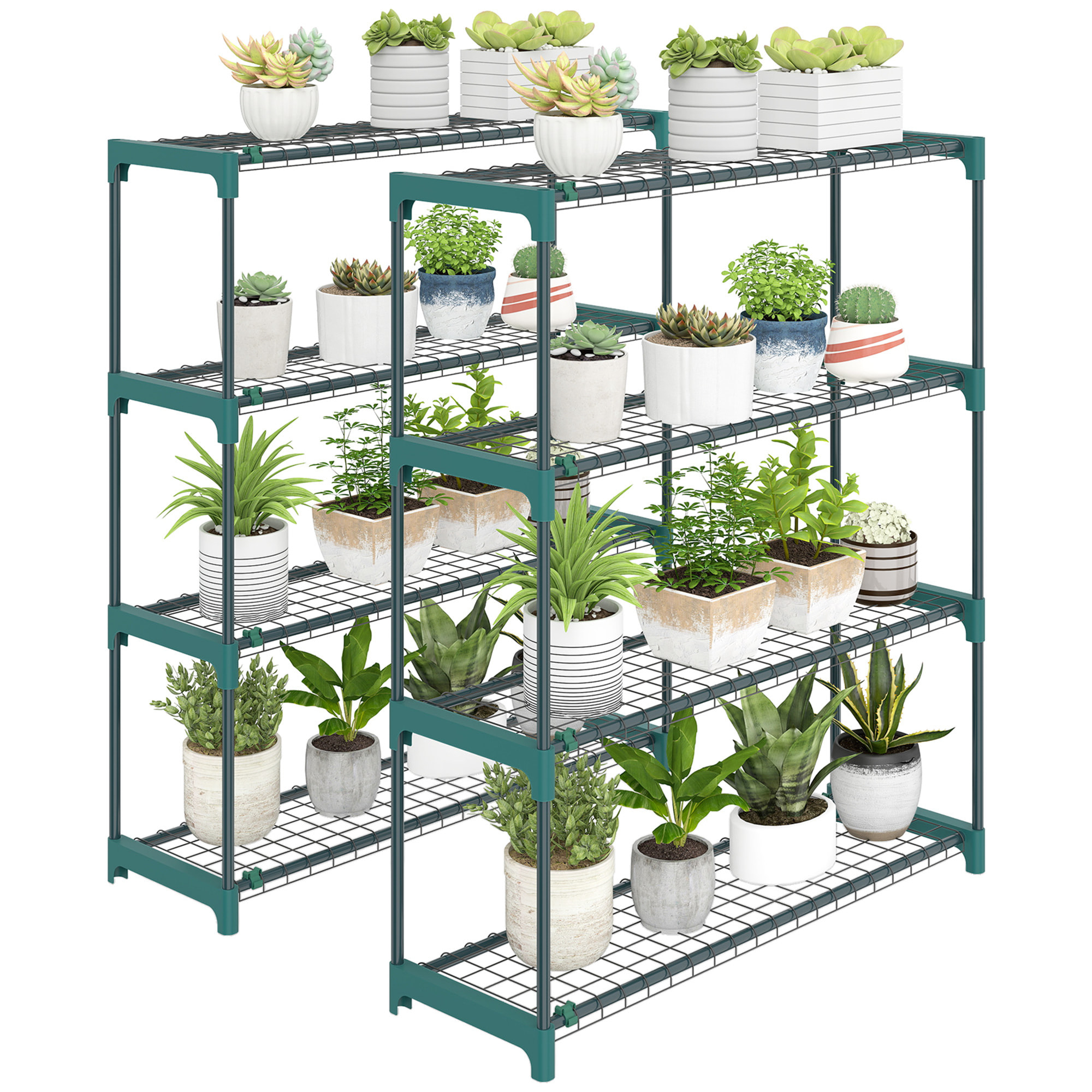 Juego de 2 Soportes para Plantas de 4 Niveles para Interior y Exterior, Estanterías para Plantas de Acero con Conectores para Fácil Montaje, Estantes para Macetas, Jardín, Balcón, Verde