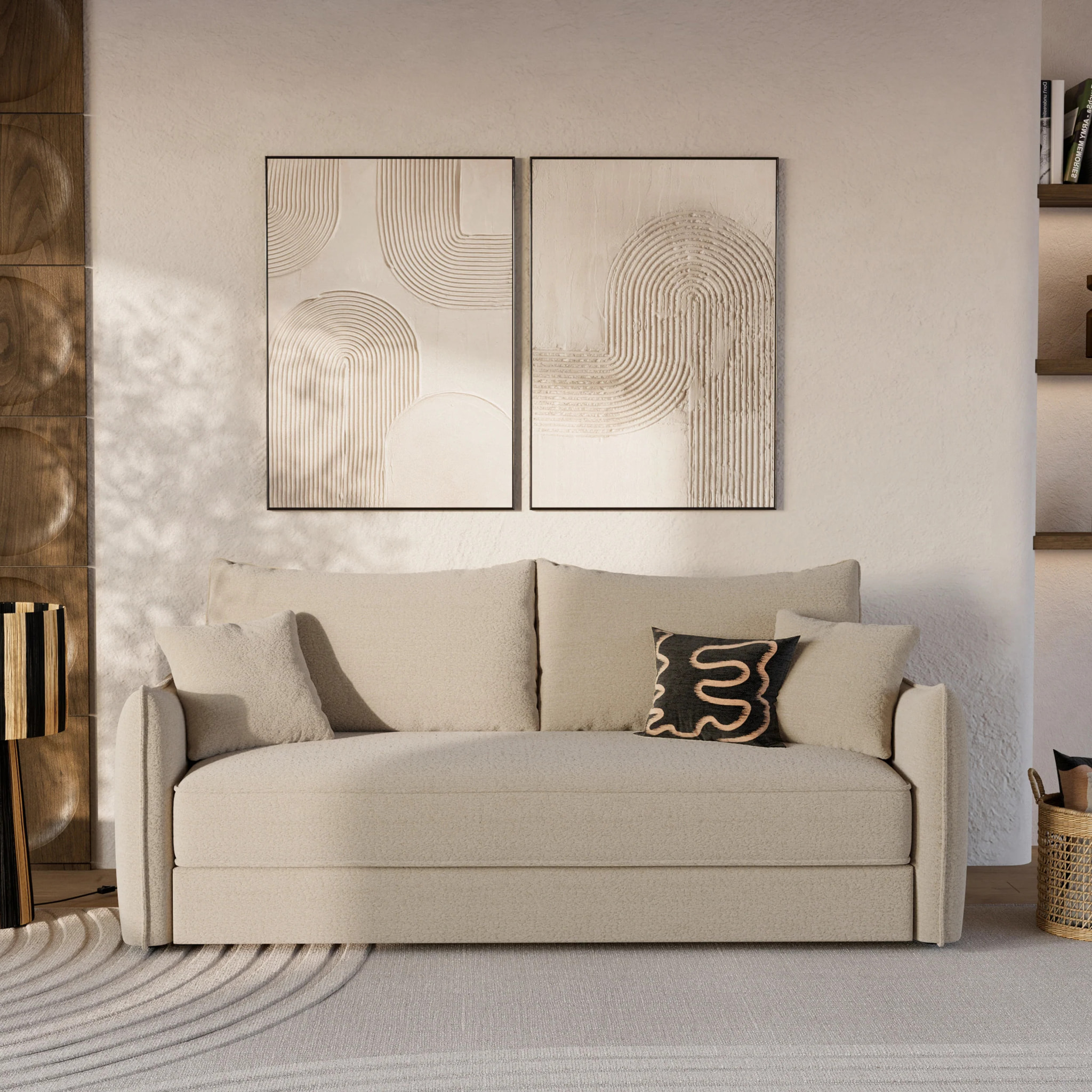 Canapé convertible 3 places en tissu effet lin beige - Céleste