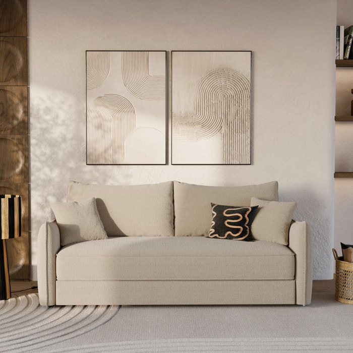 Canapé convertible 3 places en tissu effet lin beige - Céleste