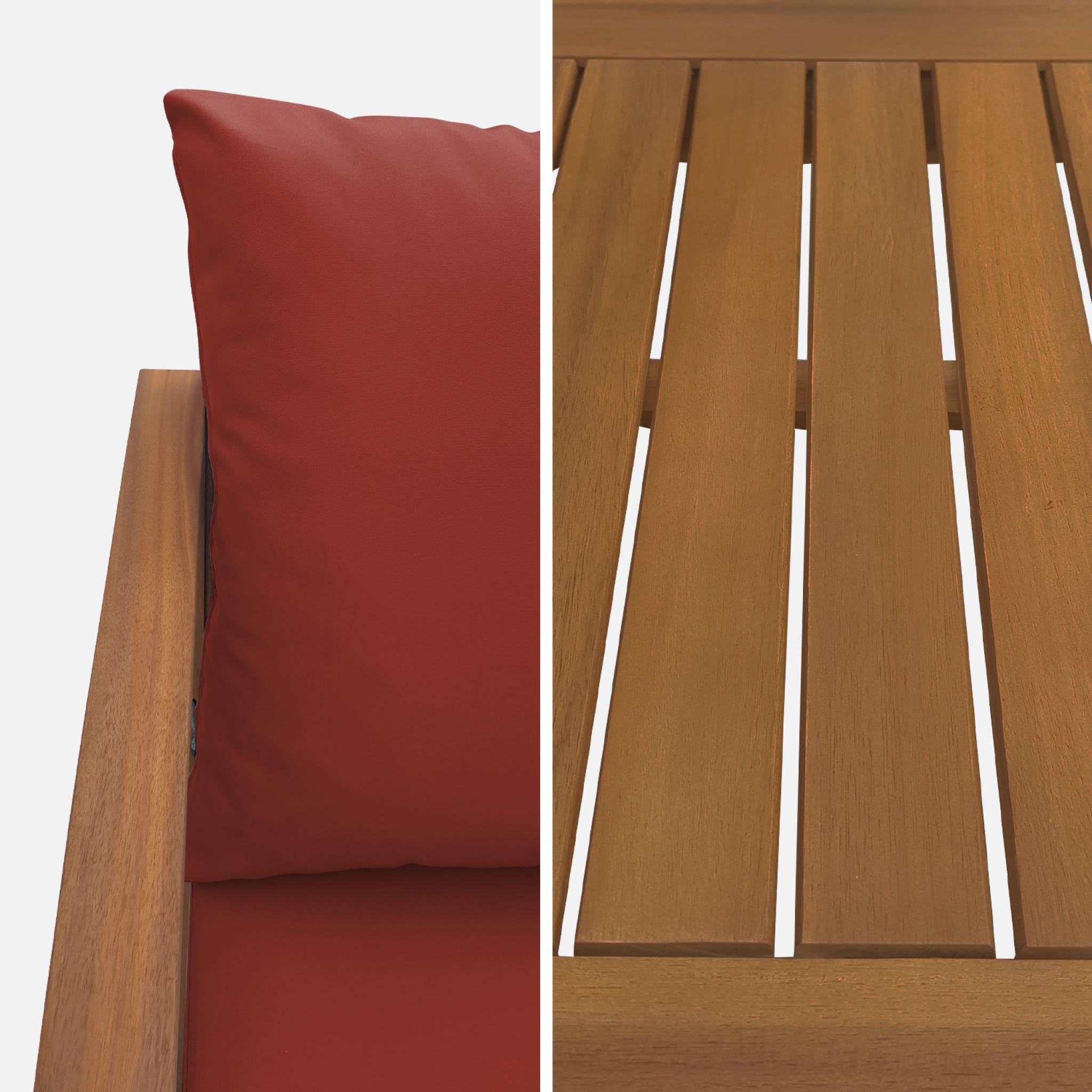 Salon de jardin en bois 4 places - Ushuaïa - Coussins terracotta. canapé. fauteuils et table basse en acacia. design