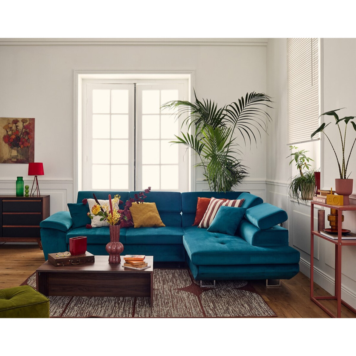 Dimas - canapé d'angle droit 5 places - convertible avec coffre et têtières réglables - en velours - Bleu