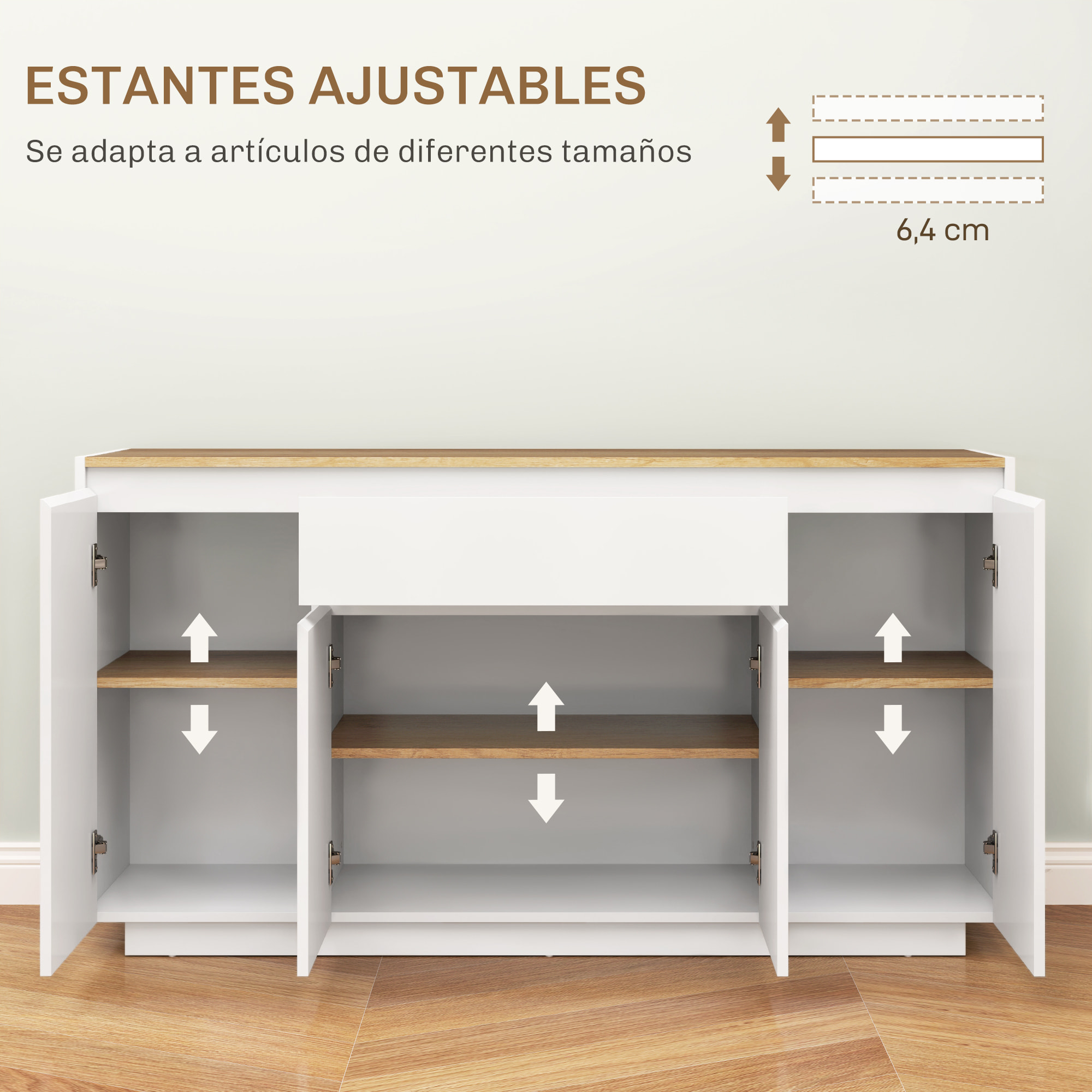 Aparador de 4 Puertas Aparador de Salón con Cajón y Estantes Ajustables para Dormitorio Sala de Estar 140x40x75 cm Natural y Blanco Brillo