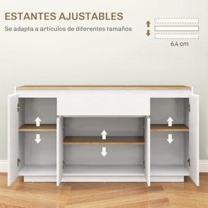 Aparador de 4 Puertas Aparador de Salón con Cajón y Estantes Ajustables para Dormitorio Sala de Estar 140x40x75 cm Natural y Blanco Brillo