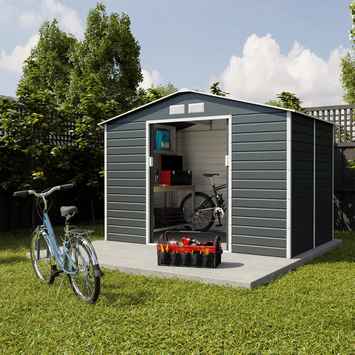 Abri de jardin métal anthracite 4,83 m² + kit d'ancrage